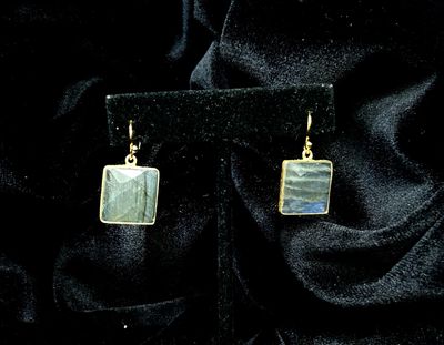 Tonobi Ear2423 Gold Vermeil Framed Labradorite Sqaure Hook Earrings