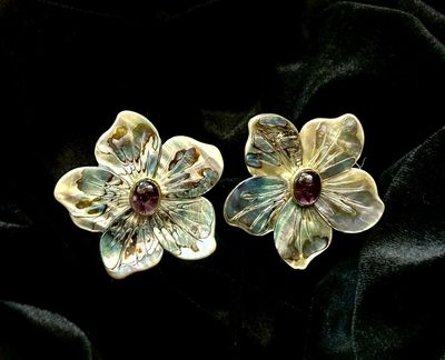 Tonobi Ear2404 Gold Vermeil CLIP Earrings Abolone Flower w/Amethyst Center Stone