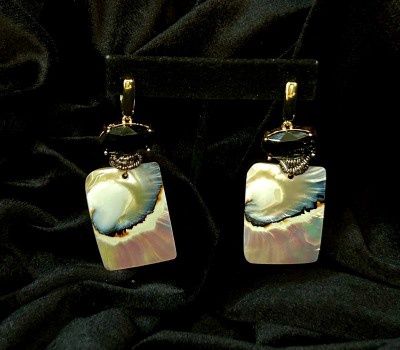 Tonobi Ear2426 Shell Rectangle, Silver Wrapping, &amp; Oval Dark Crystal Drop on Gold Vermeil French Clip Earring