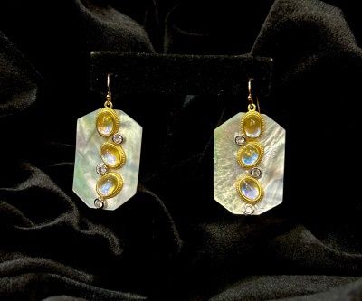 Tonobi Ear2415 Mother of Pearl Octagon w/ Gold Vermeil Wrapped Crystals &amp; Stones Hook Earrings