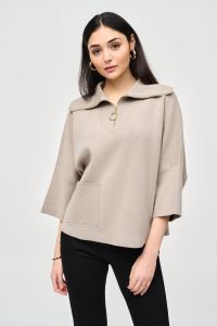 Joseph Ribkoff 243954 Jacquard Zipped Collar Sweater, Size/Color: SM/TAUPE