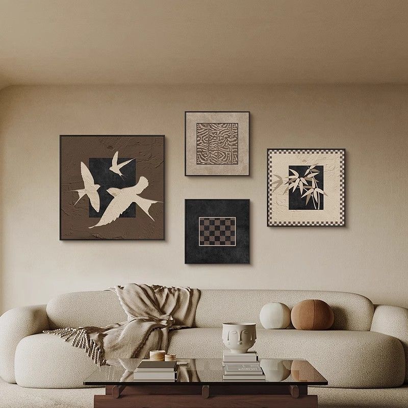 French Style Retro Maillard Living Room Combination Decorative Painting Sofa Background Wall Hanging Painting Art