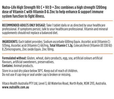 Nutra-Life High Strength Vit C + Vit D + Zinc (60 Tablets)