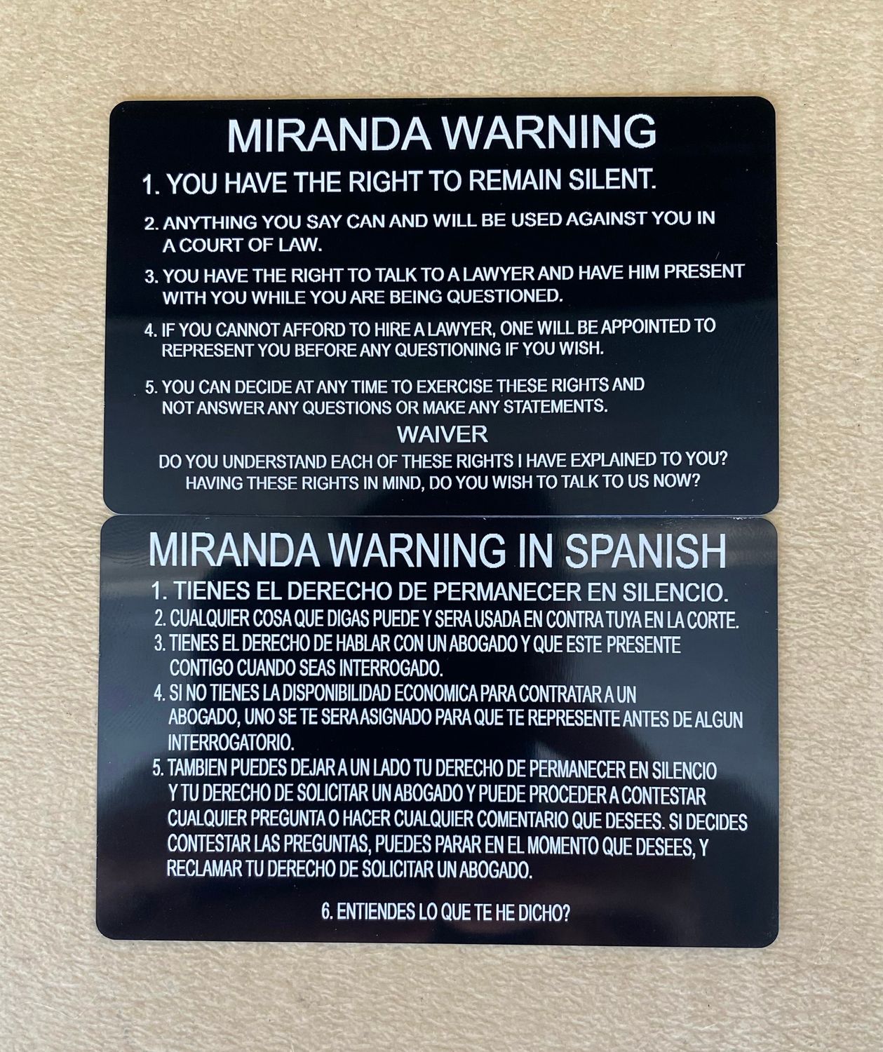 Metal Business Cards with Miranda Warnings (English &amp; Spanish)