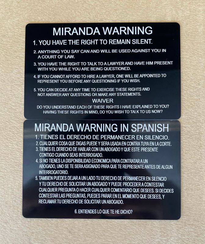 Metal Business Cards with Miranda Warnings (English &amp; Spanish)