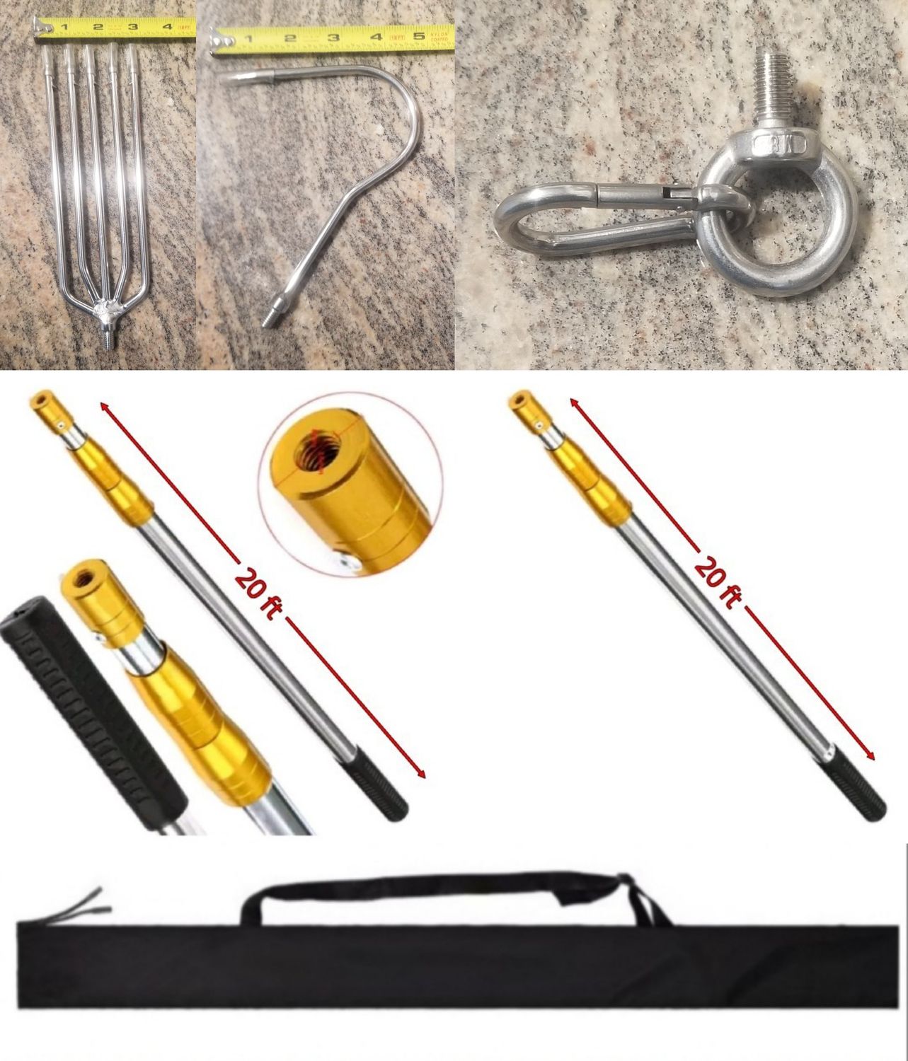 20ft Telescopic Stainless Pole w/Hook Gaff- Harpoon-Drop Net Clip-Carry Bag