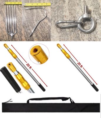 20ft Telescopic Stainless Pole w/Hook Gaff- Harpoon-Drop Net Clip-Carry Bag