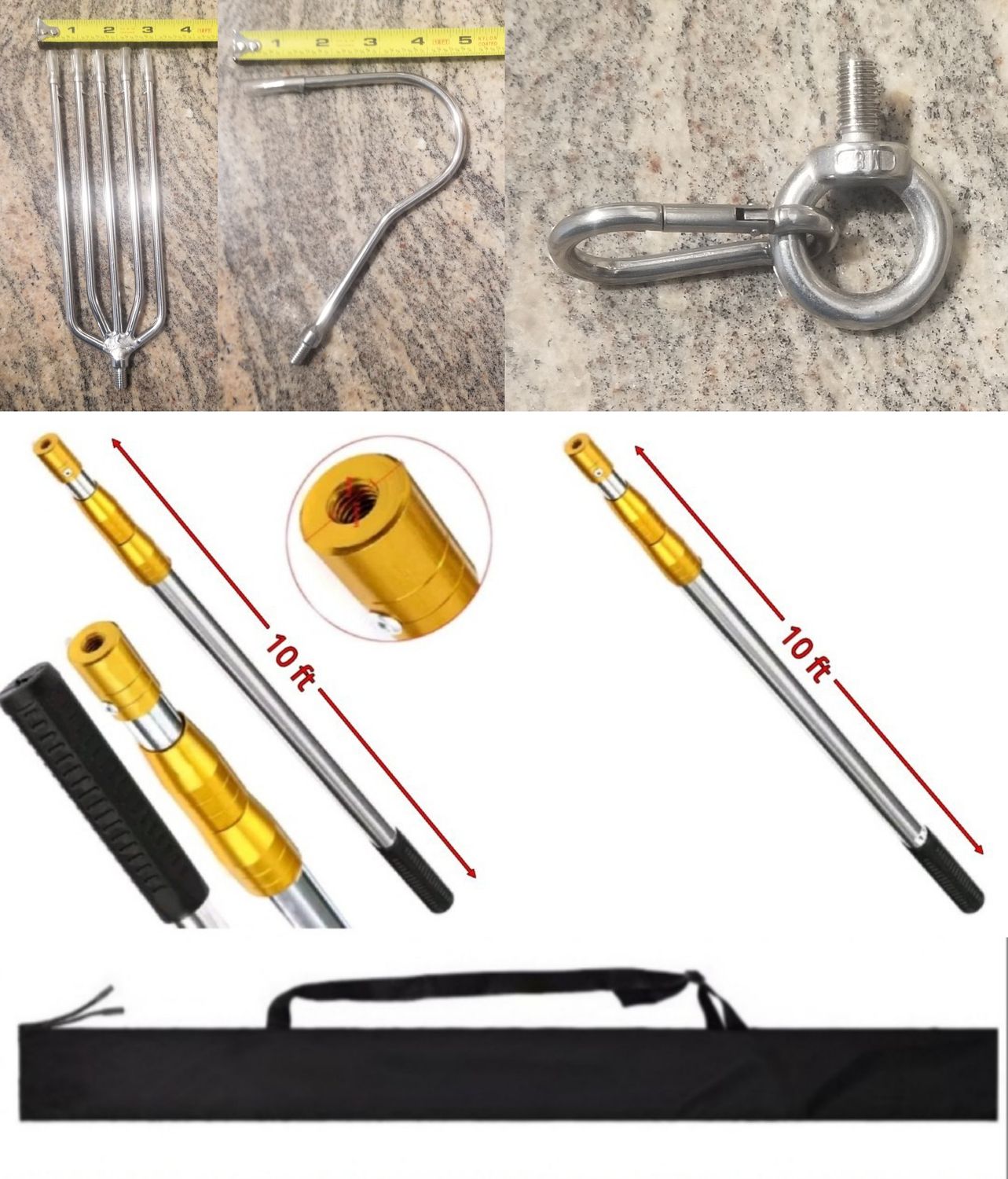 10ft Telescopic Stainless Pole w/Hook Gaff- Harpoon-Drop Net Clip-Carry Bag