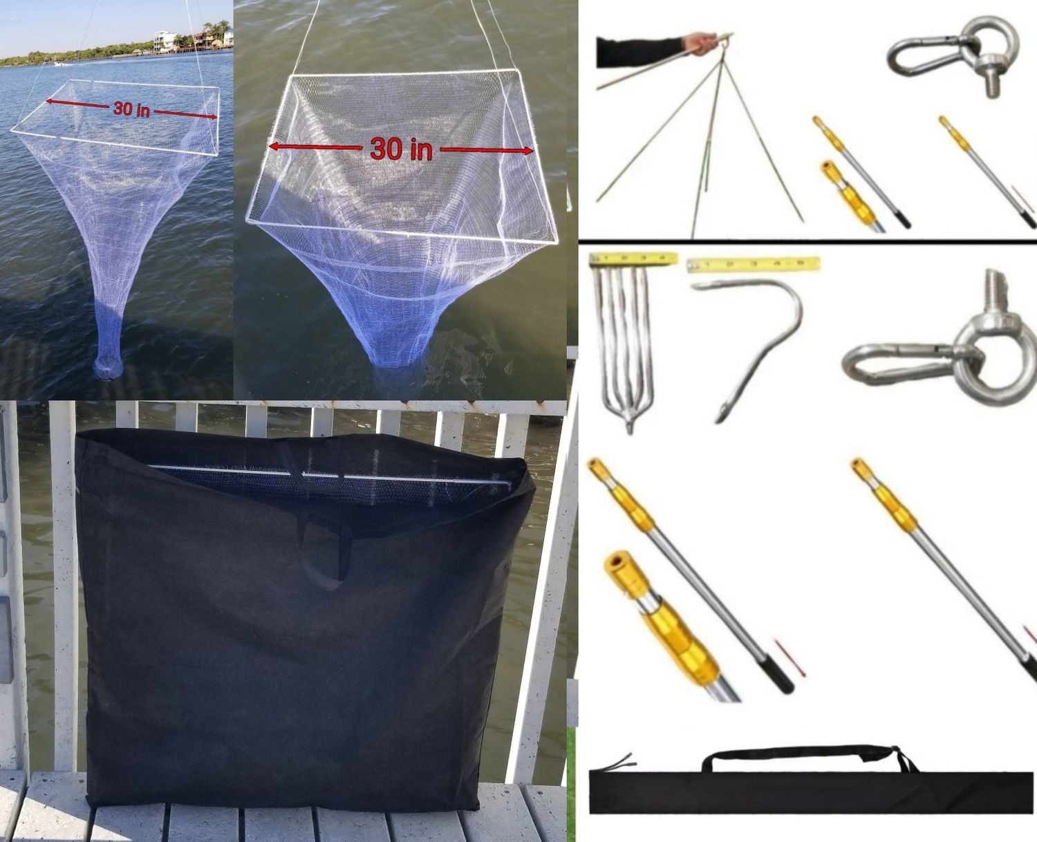30″ Square Drop Net Kit w/ 20ft Pole – Complete Live Bait System (Saltwater &amp; Freshwater)