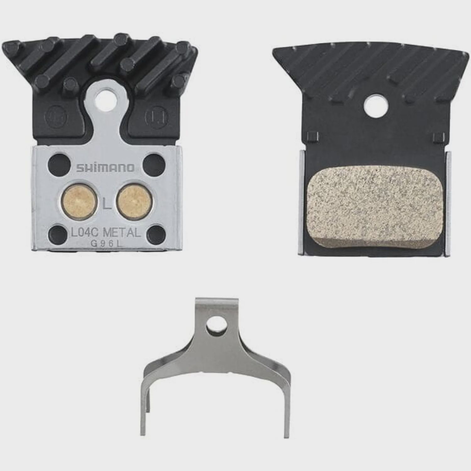 Shimano L04C disc pads and spring, alloy/stainless back with cooling fins, metal sinte