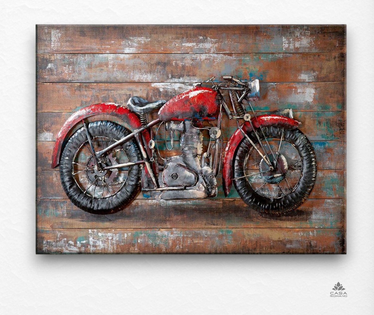„Historisches Motorrad“ – Metallbild auf Holz