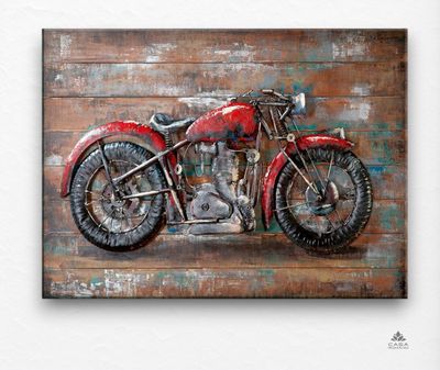„Historisches Motorrad“ – Metallbild auf Holz