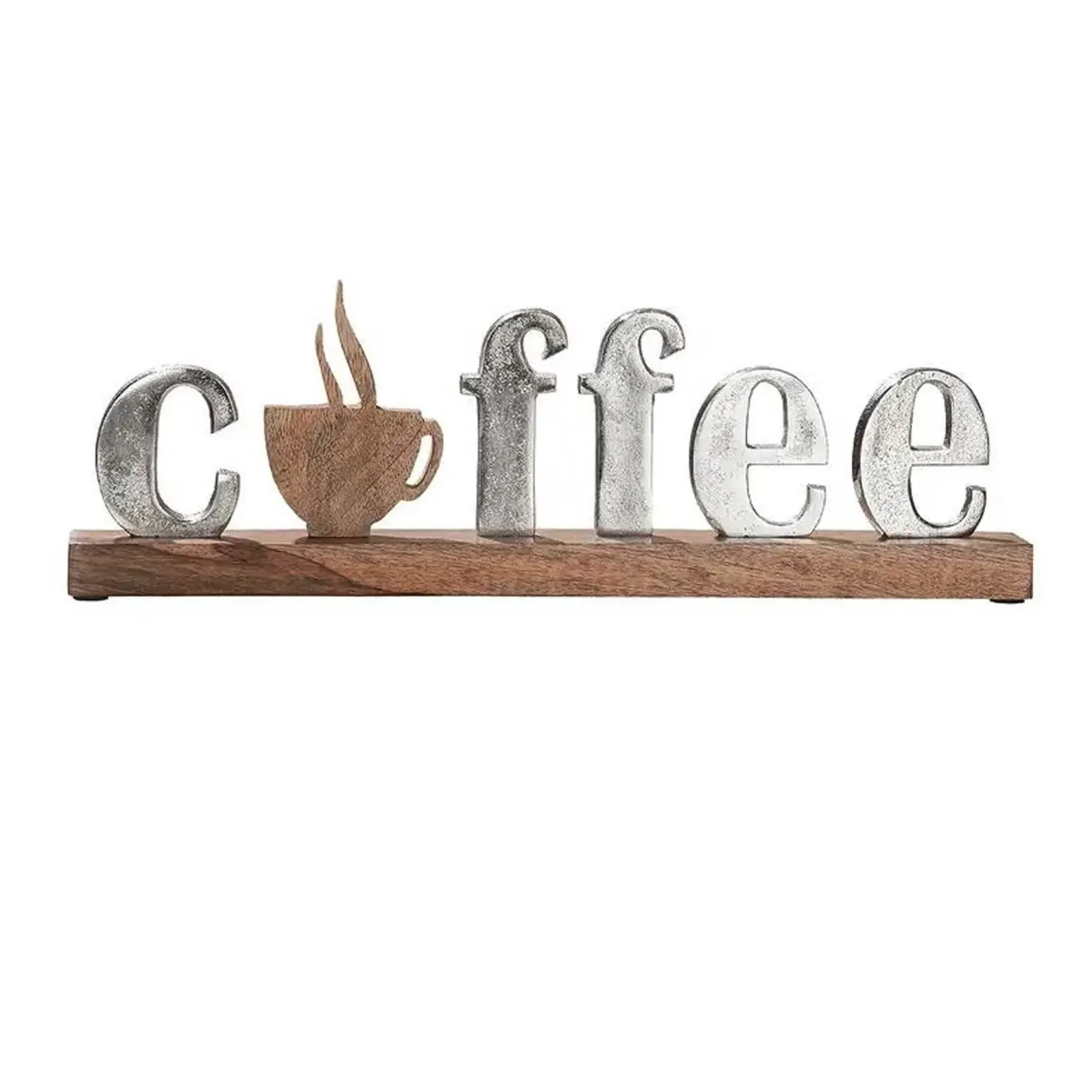 Schriftzug &quot;Coffee&quot; mit Kaffeetasse – Aluminium &amp; Mangoholz-Deko