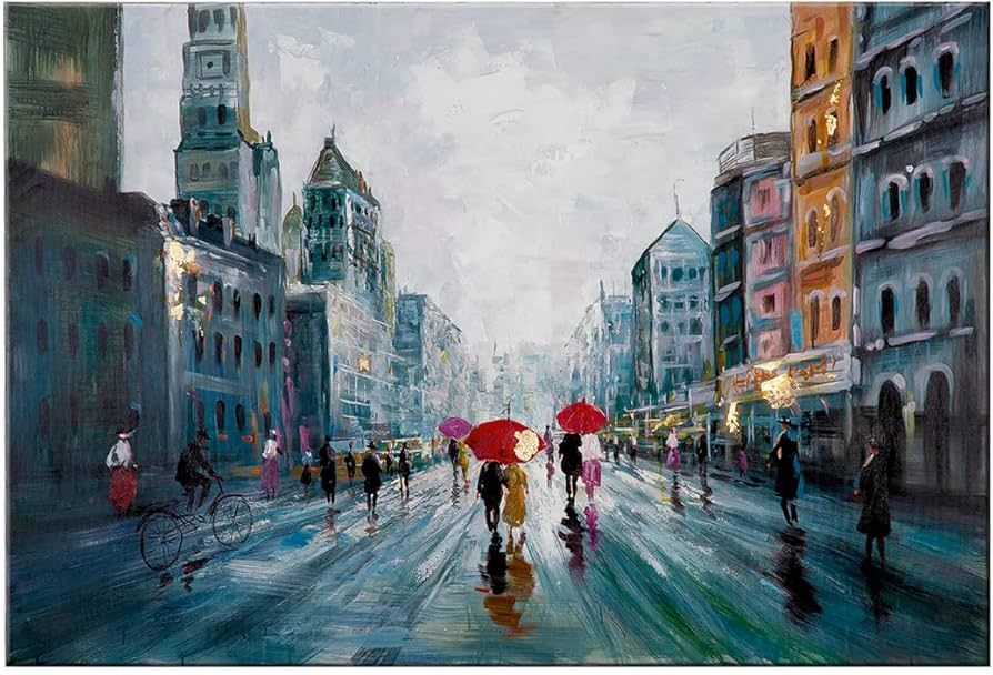 „Stadleben“ im Regen – Handbemaltes Leinwandbild 80x120