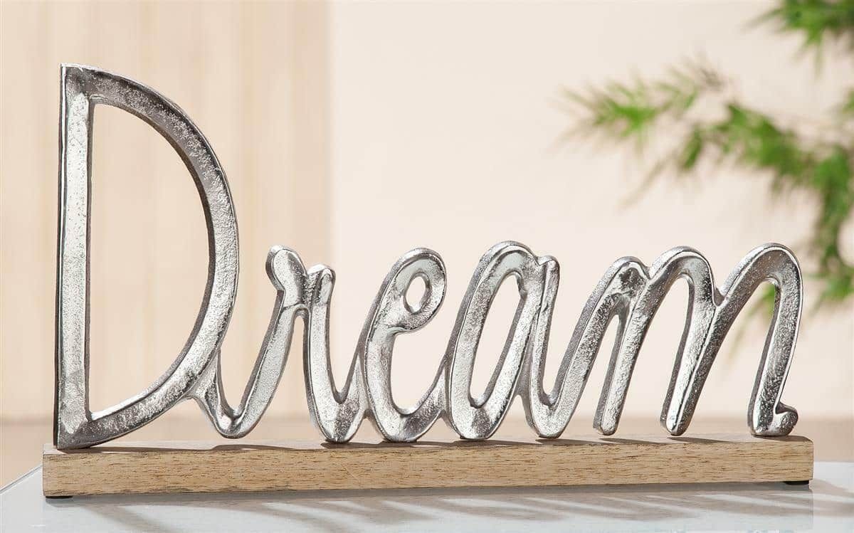 Aluminium Schriftzug &quot;Dream&quot; auf Holzbase