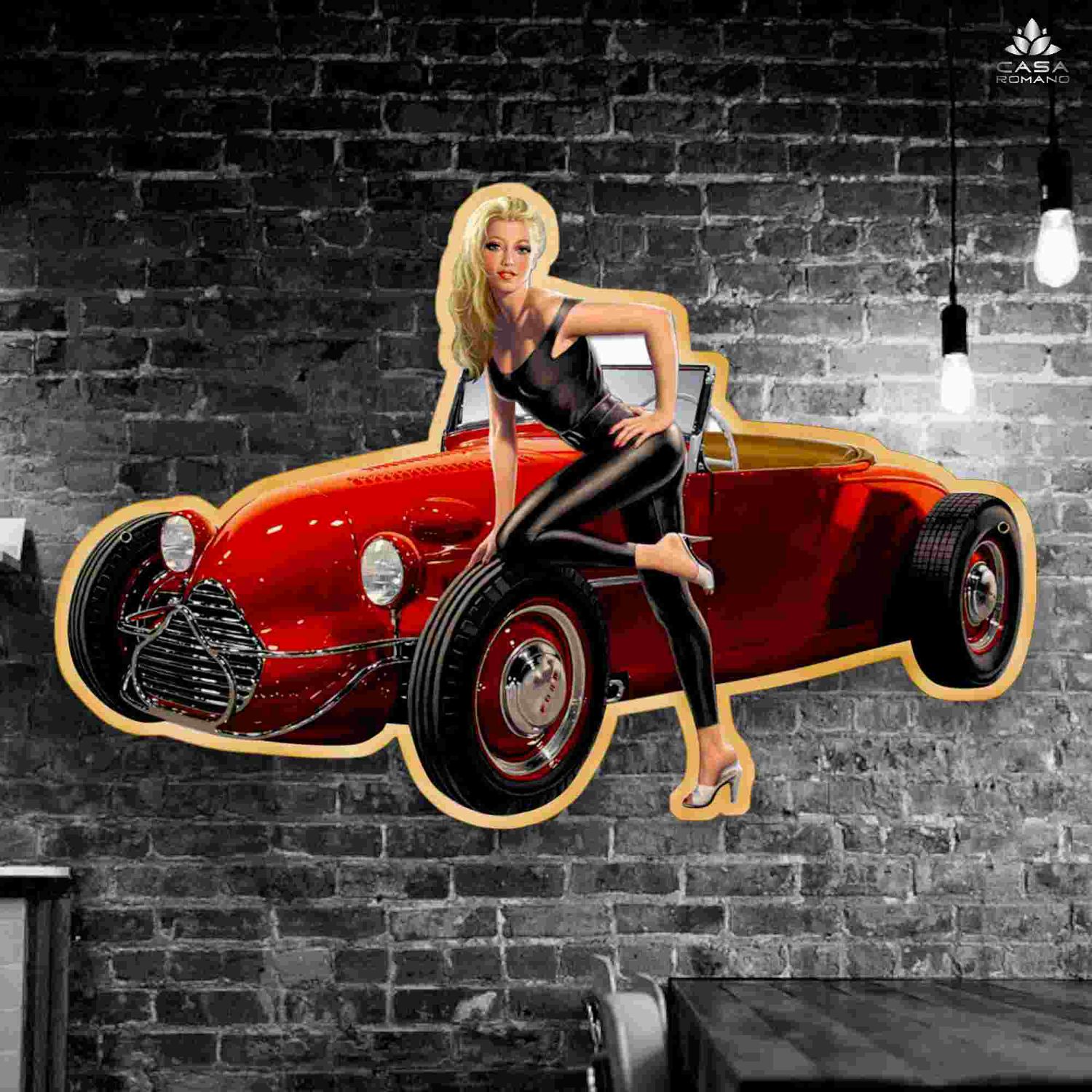 Blechschild &quot;Pin Up mit Sportwagen&quot;