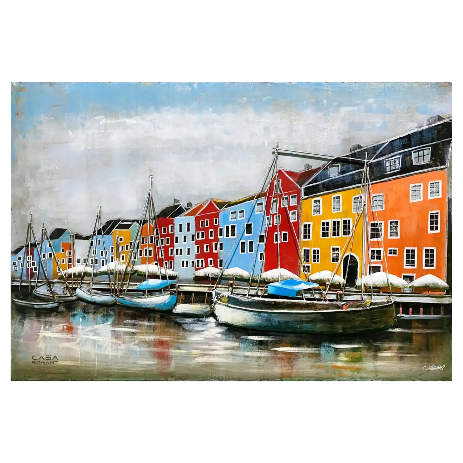 „Hafen Ambiente“ – 3D-Optik Metallbild, handbemalt 120x80 cm