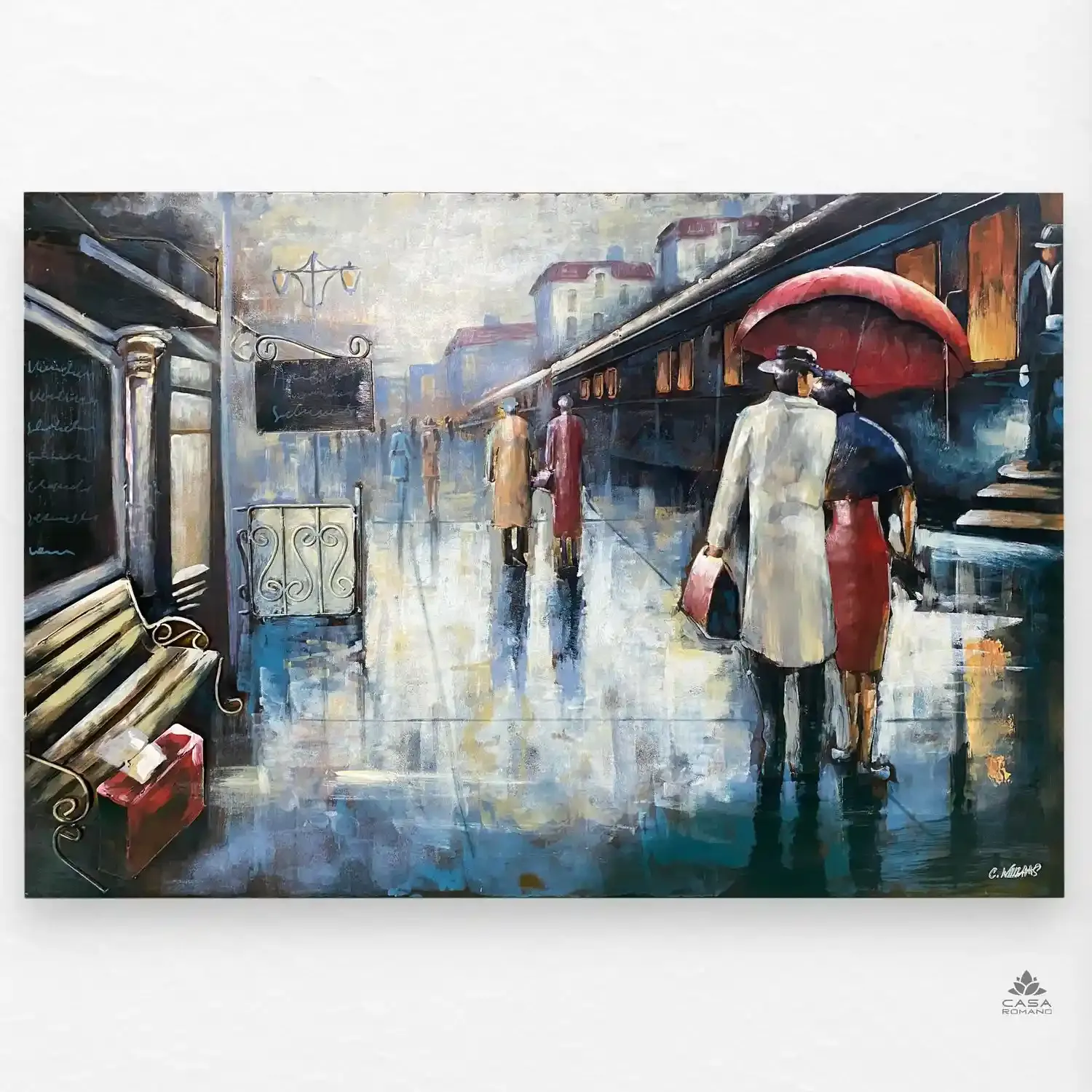 „Paar am Bahnsteig“ – 3D-Optik Metallbild 120x80 cm
