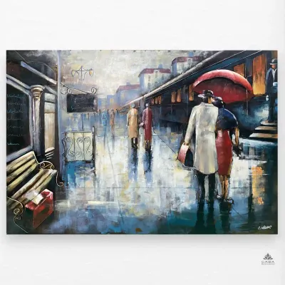 „Paar am Bahnsteig“ – 3D-Optik Metallbild 120x80 cm
