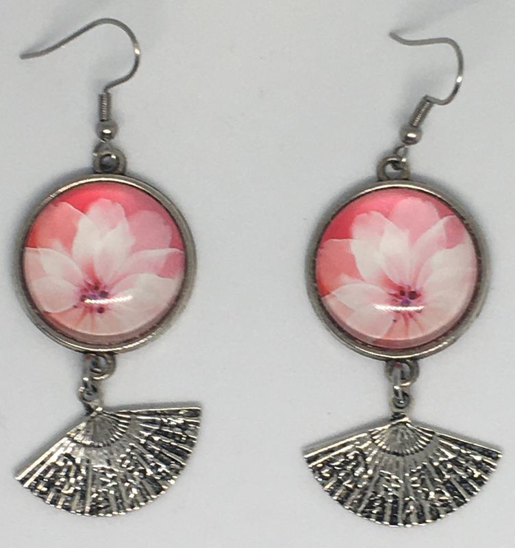 Boucles d'oreilles - éventail rose/blanc