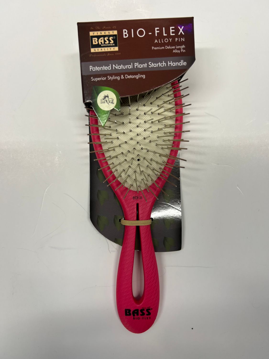 Bass Brushes ECF11 The BIO-FLEX Alloy Pin, Style &amp; Detangle Hair Brush, Premium Alloy Pin, Patented Compressed Plant Fiber Handle, Oval Leaf Shape, Assoreted Colors