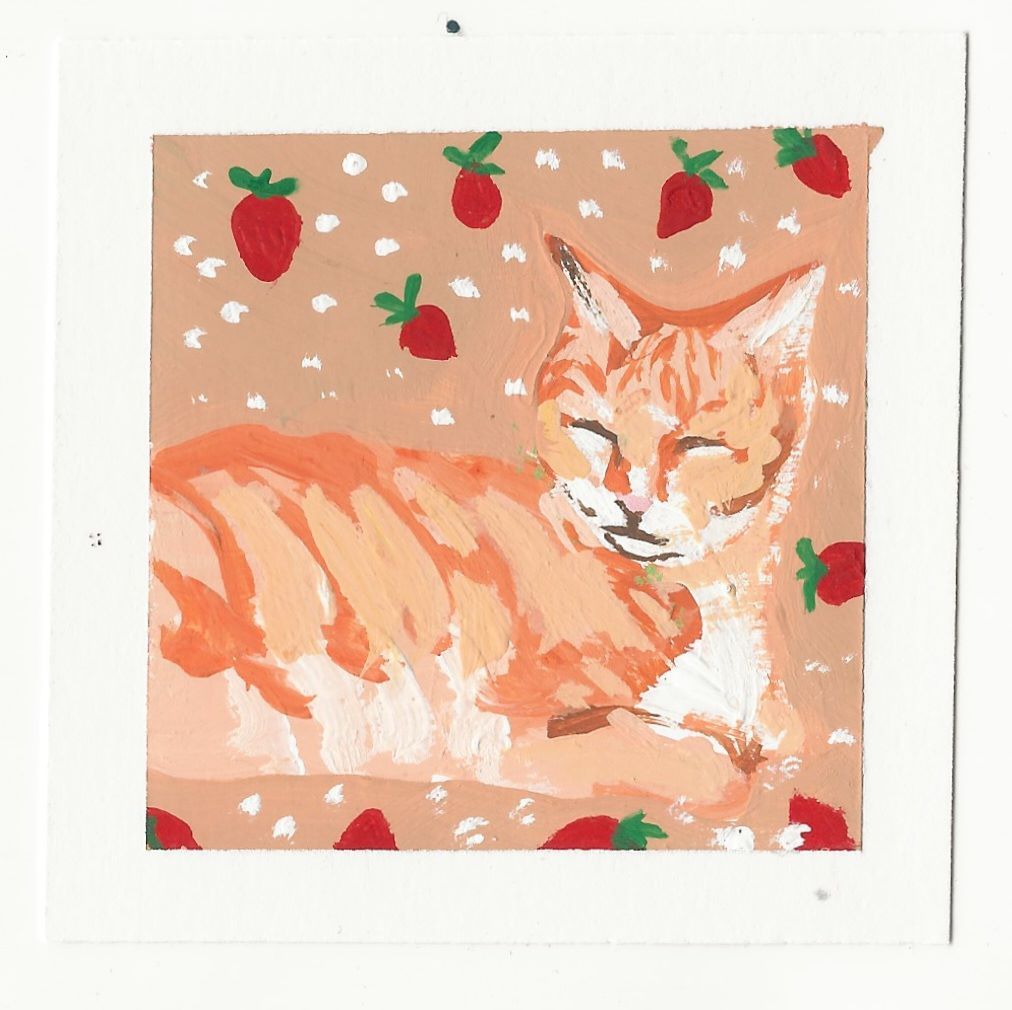 Content Orange Cat with Strawberries