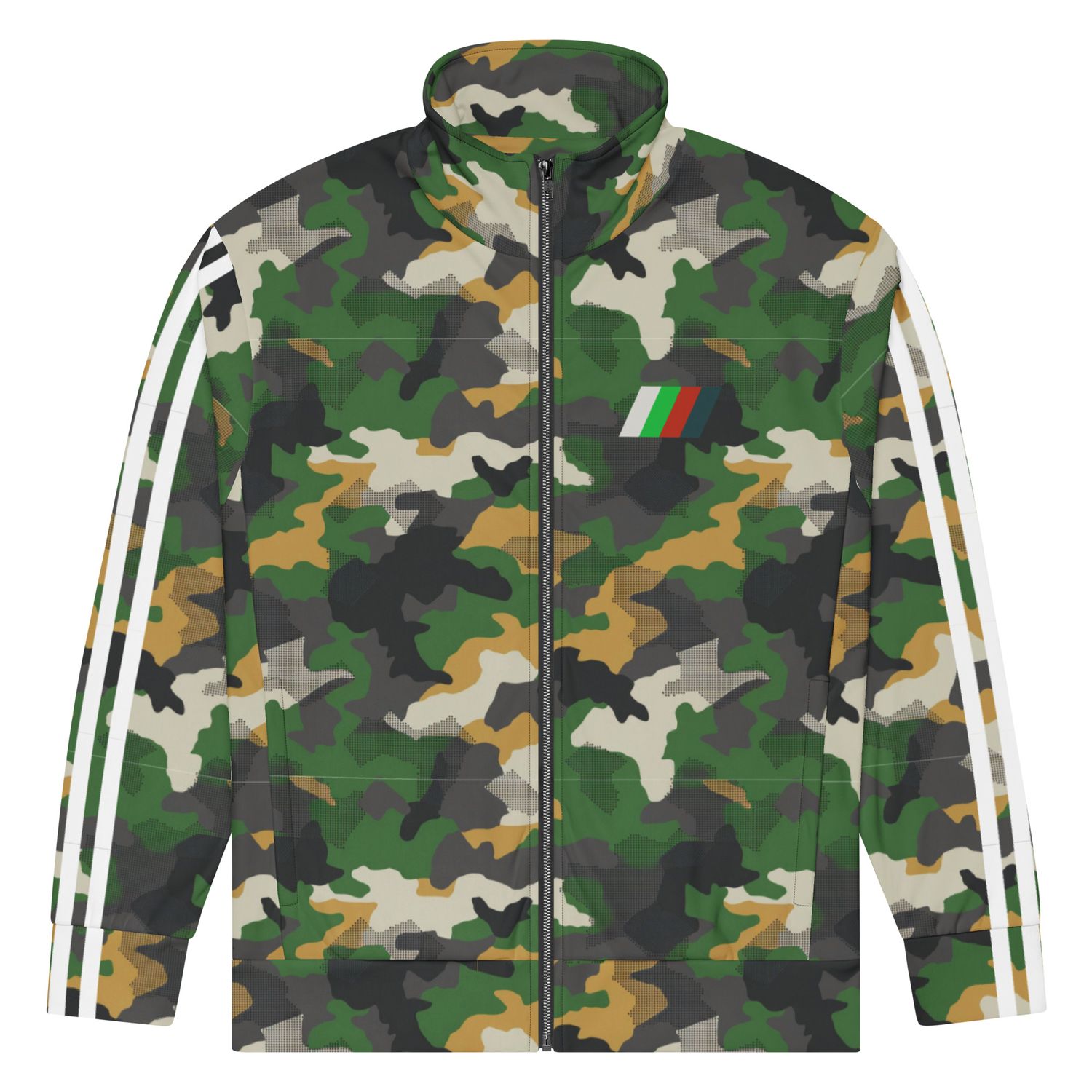 Digital BLK-ORG-GRN camo Track Suit top with white stripes 