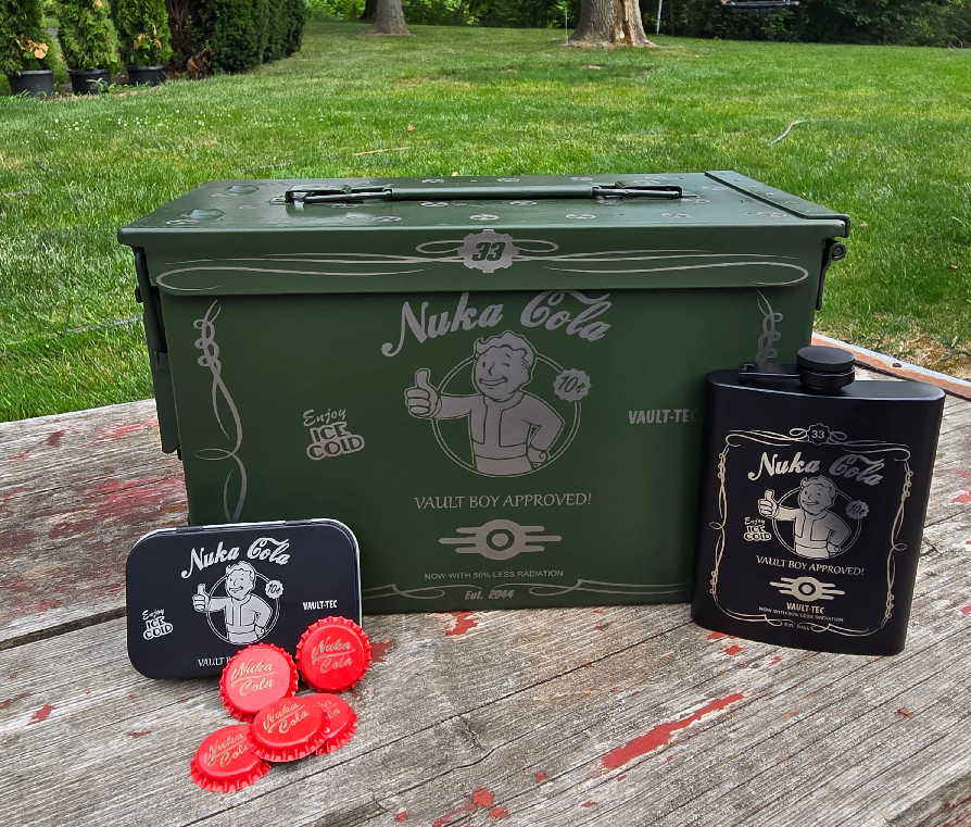 Fallout 50 cal ammo can , flask , bottle caps and tin collection laser engraved. Ready to ship