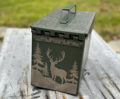 50 cal ammo can laser engraved. Deer engravings. Custom Name on each side in lower box