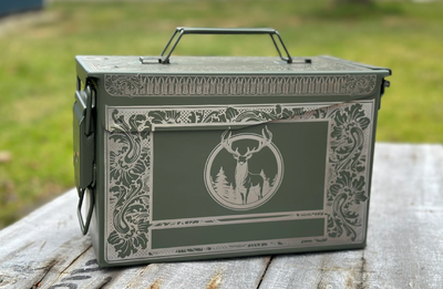 50 cal ammo can laser engraved. Deer engravings. Custom Name on each side in lower box