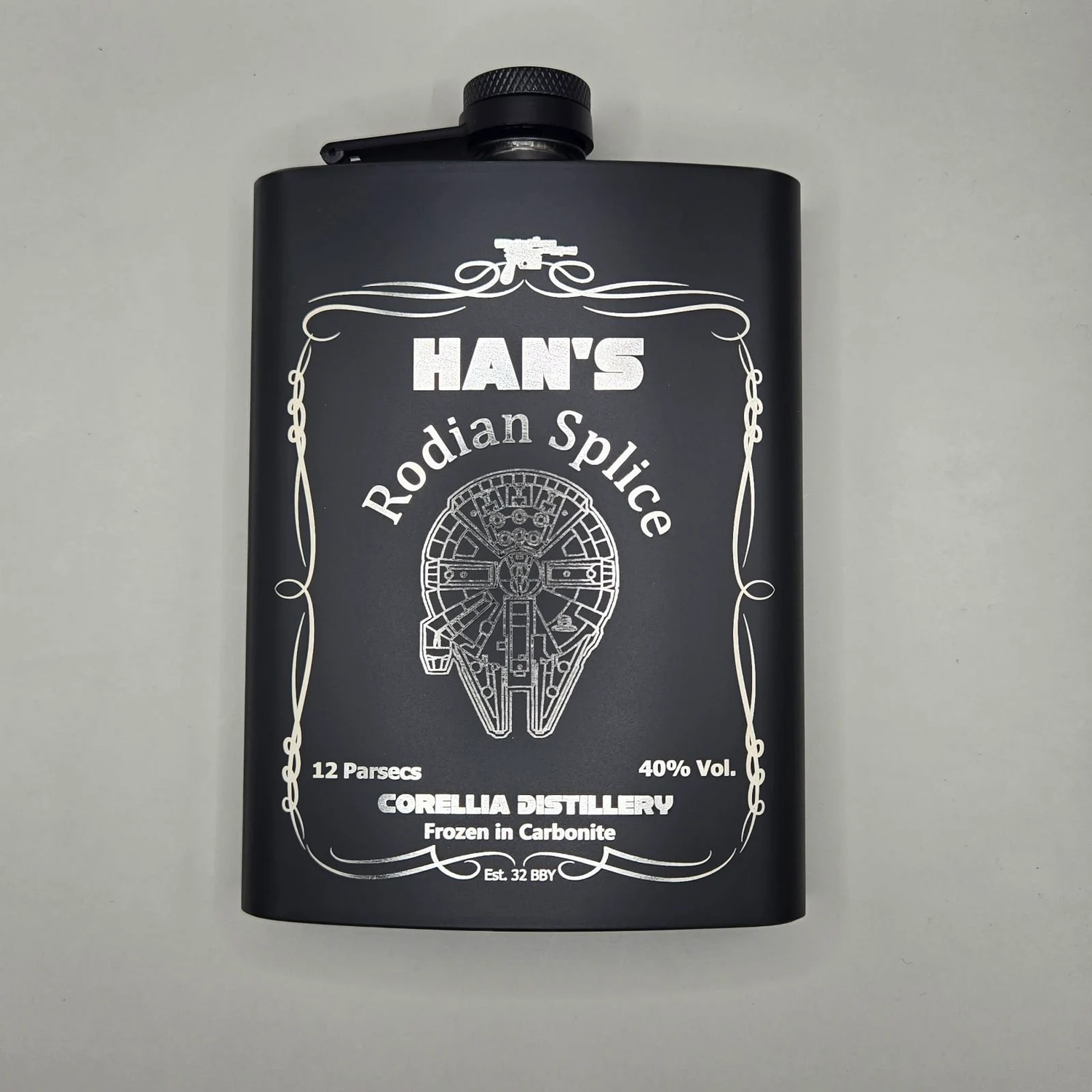 Han Solo theme flask laser engraved. 8 oz flask in Han Solo Theme