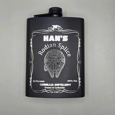 Han Solo theme flask laser engraved. 8 oz flask in Han Solo Theme