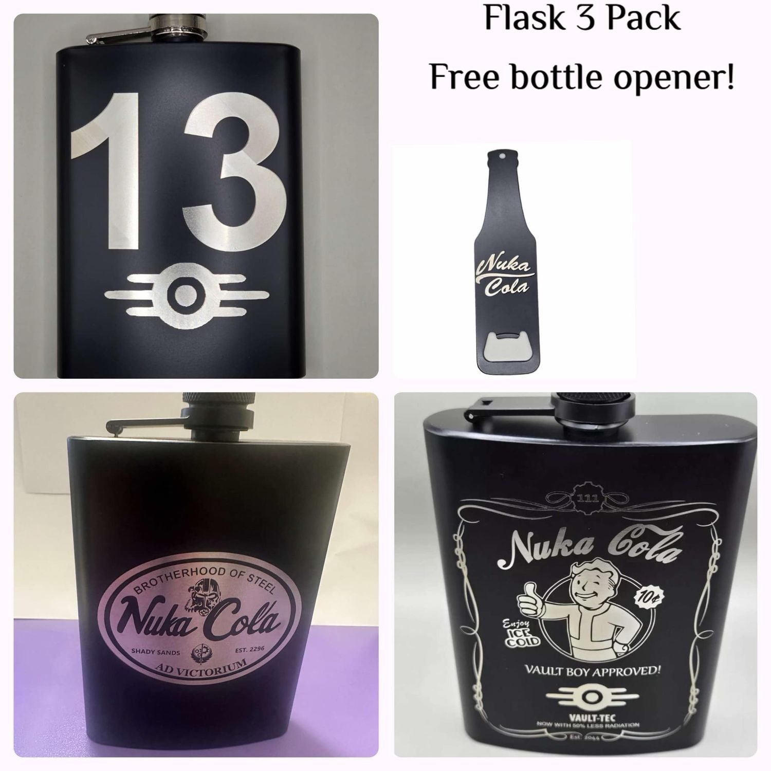 Fallout Flask 3-Pack – Vault 13, Nuka Boy, Brotherhood of Steel FREE Nuka Cola Bottle Opener