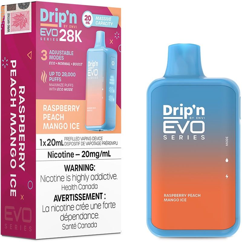 Drip&#39;n by Envi EVO Series 28k Disposable - Raspberry Peach Mango Ice 20MG [ON]