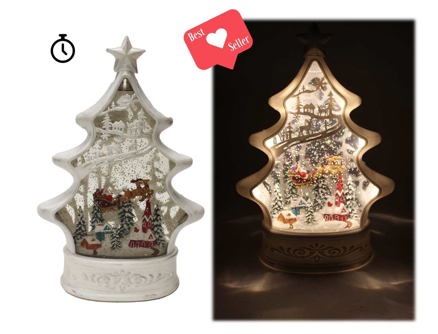 WCH257 - ILLUMINATING WATER GLITTER GLOBE - WHITE TREE W/SANTA &amp; REINDEER