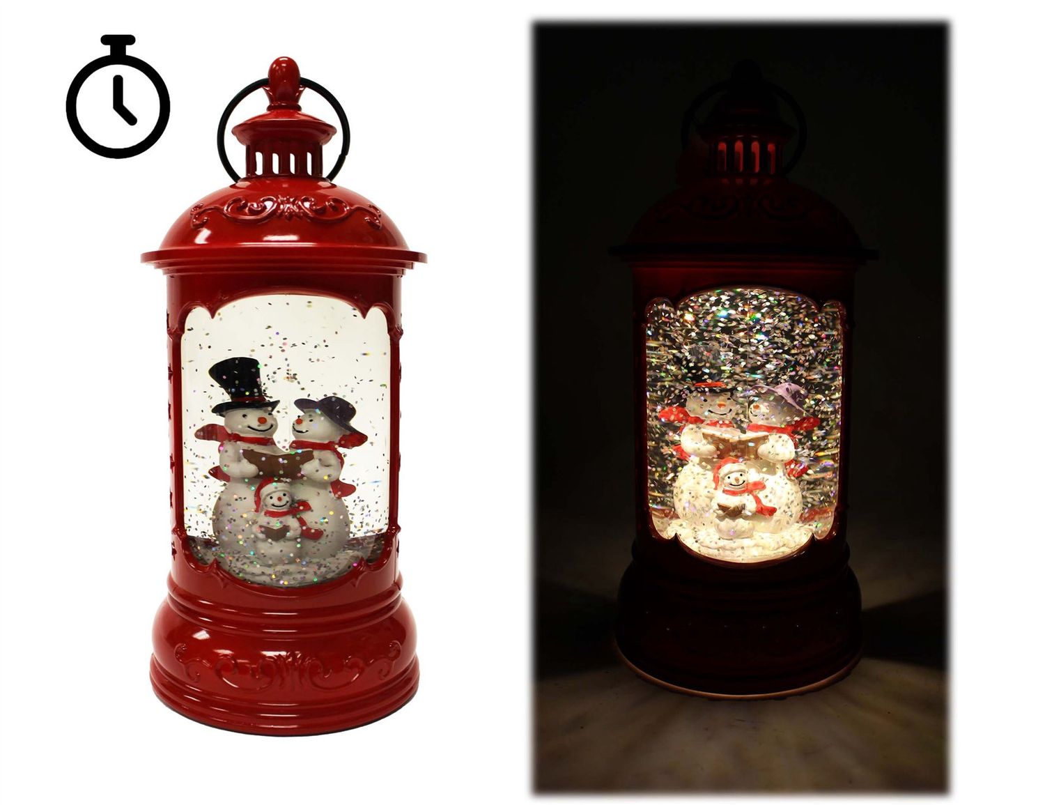 WCH244 - ILLUMINATING WATER GLITTER GLOBE - ROUND RED LANTERN W/SNOWMAN