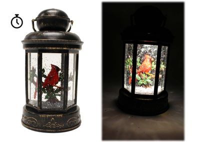 KDA247 - ILLUMINATING WATER GLITTER GLOBE - BLACK LANTERN W/CARDINAL