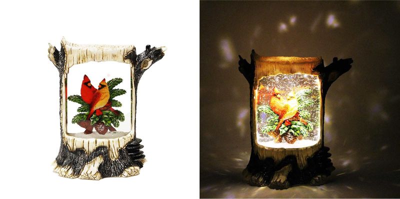 KDA218 - ILLUMINATING WATER GLITTER GLOBE - LOG W/CARDINALS