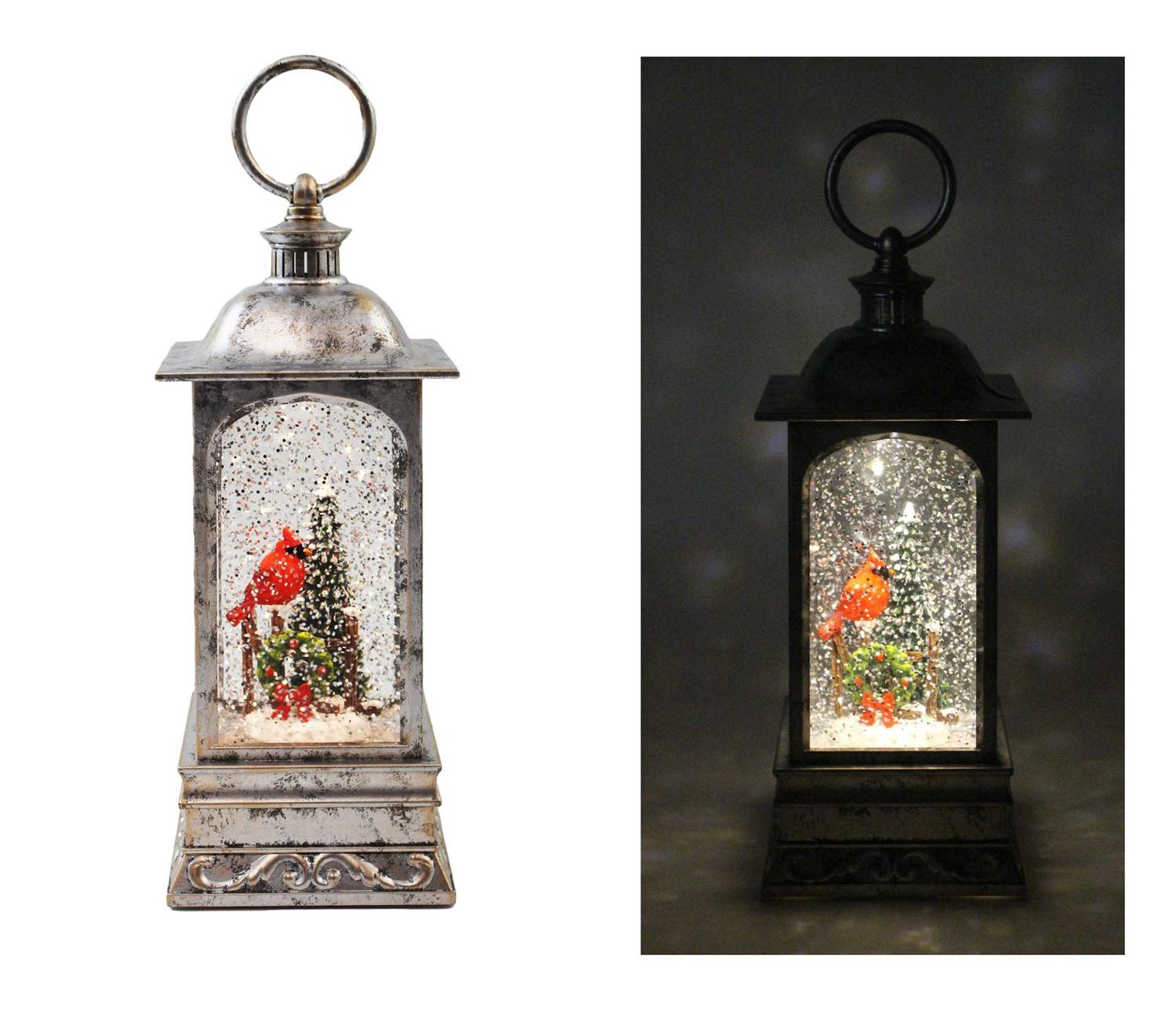 KDA222 - ILLUMINATING WATER GLITTER GLOBE - SILVER LANTERN W/CHRISTMAS TREE