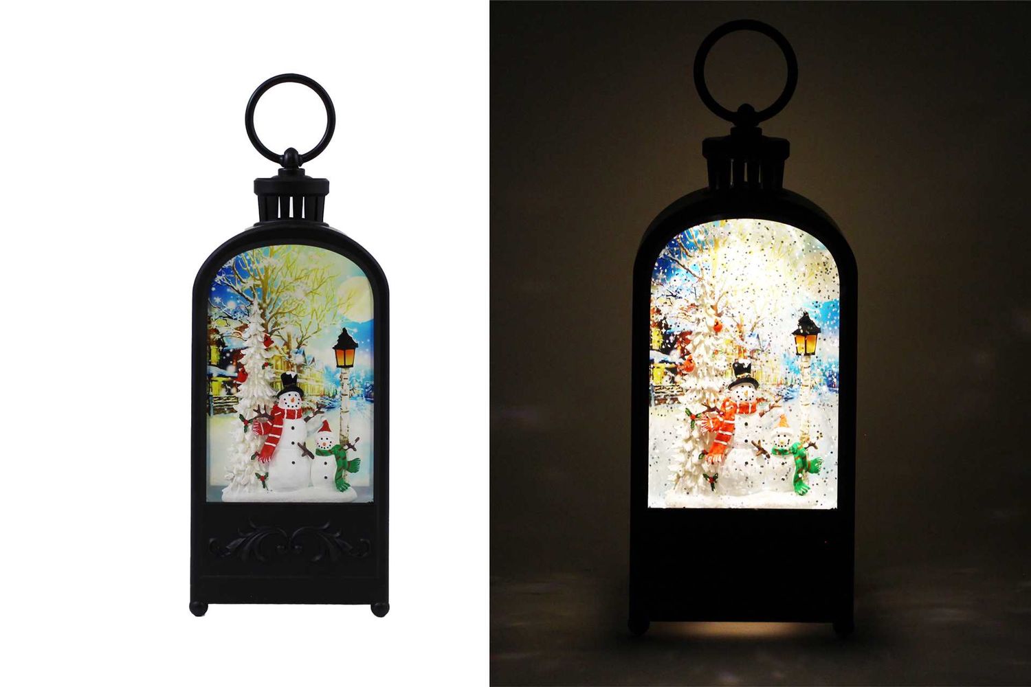 KDA279 - ILLUMINATING WATER GLITTER GLOBE - BLACK LANTERN W/SNOWMAN