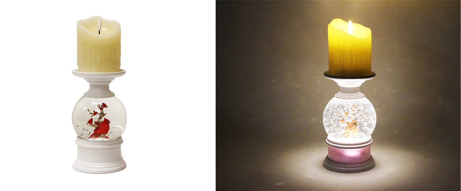 KDA104 - ILLUMINATING WATER GLITTER GLOBE - CANDLE HOLDER W/CARDINAL