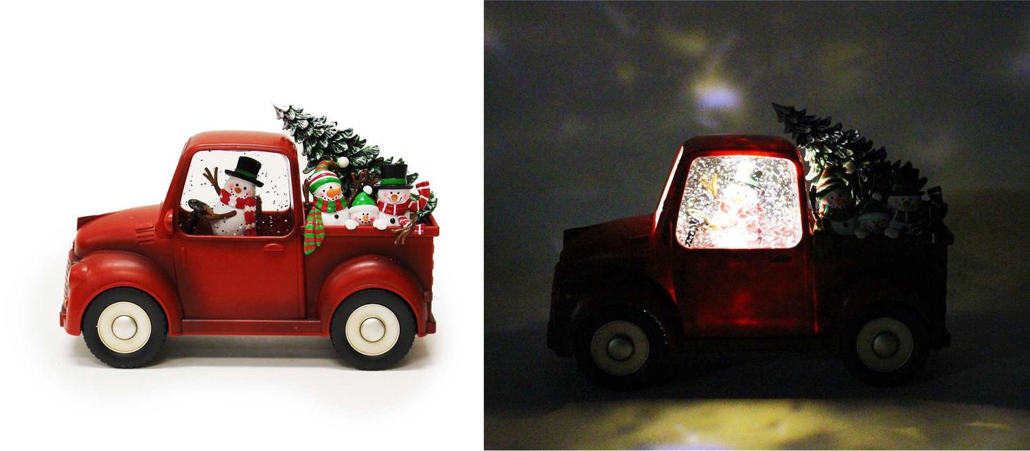 KDA60 - ILLUMINATING WATER GLITTER GLOBE - RED TRUCK W/SNOWMAN