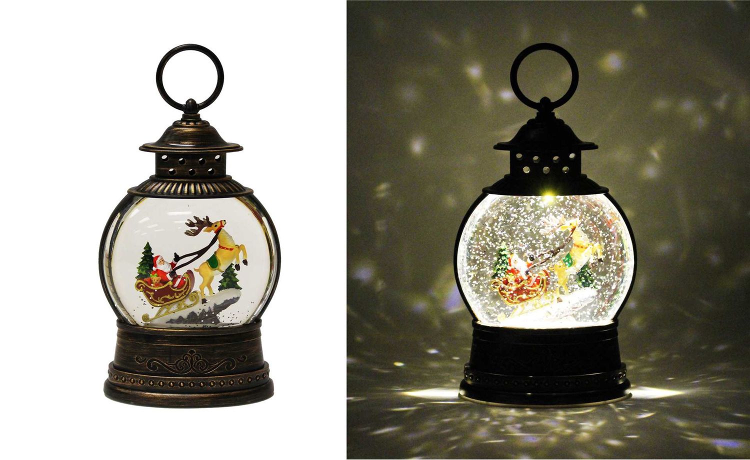 KDA58 - ILLUMINATING WATER GLITTER GLOBE - LANTERN W/SANTA &amp; SLED