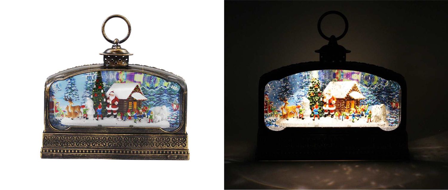 KDA80 - ILLUMINATING WATER GLITTER GLOBE - HORIZ LANTERN W/HOLIDAY SCENE