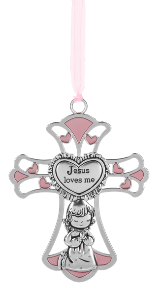 ER76443 - CRIB CROSS ORNAMENT - JESUS LOVES ME / PINK