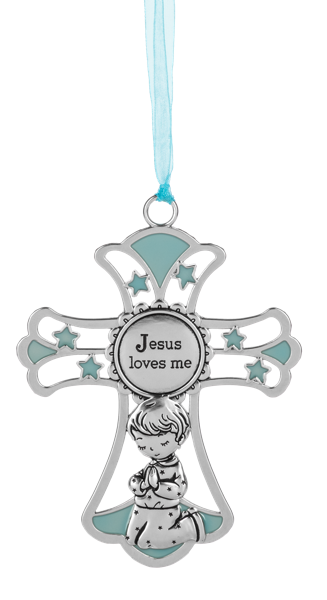 ER76442 - CRIB CROSS ORNAMENT - JESUS LOVES ME / BLUE