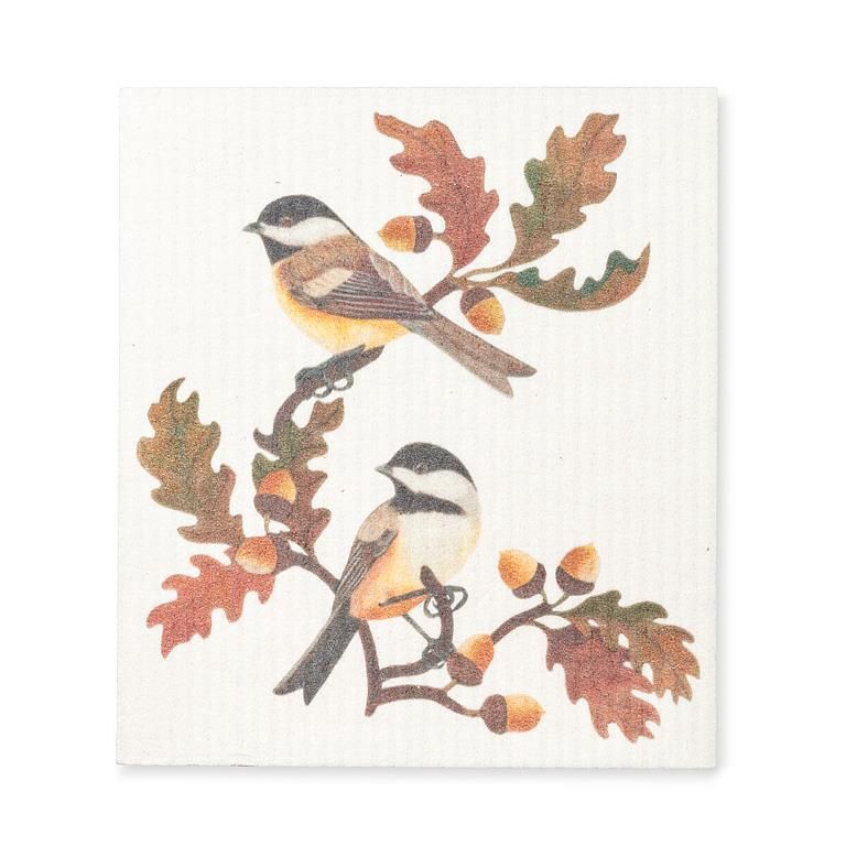 20-ASD-005 - CHICKADEES &amp; OAK LEAVES DISHCLOTH-6.75X7.5&quot;L