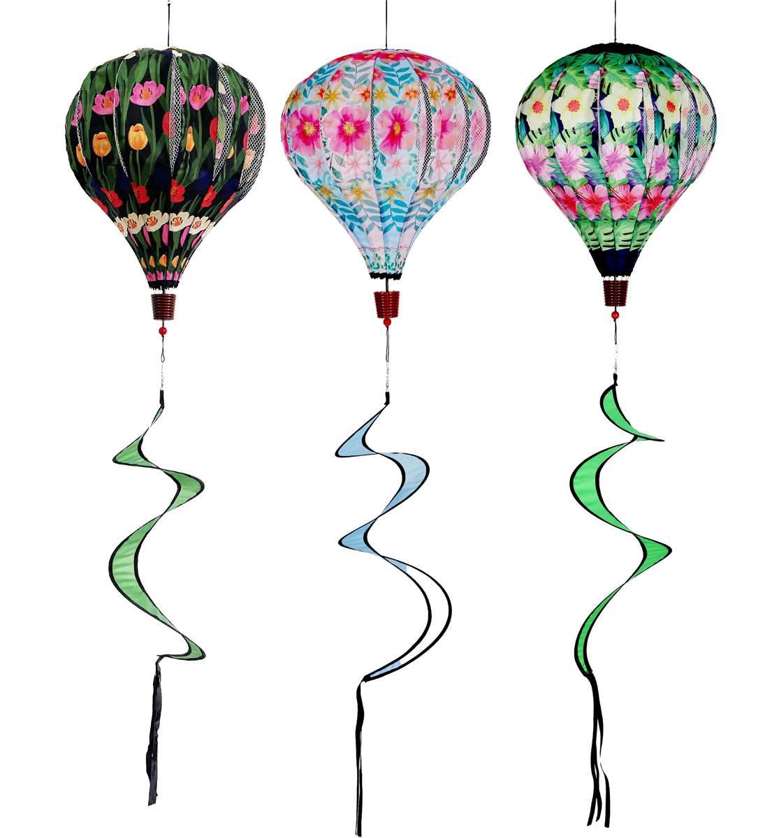 BL1546  - FLORAL HOT AIR BALLOON SPINNER / 3 ASSORTED, DESIGN: DARK FLORAL/BLACK BACKGROUND