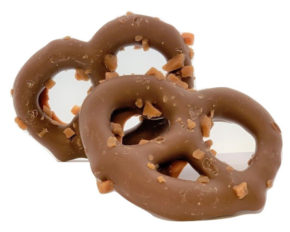 H1155T - 2 GOURMET MILK CHOCOLATE + TOFFEE 3 RING PRETZELS