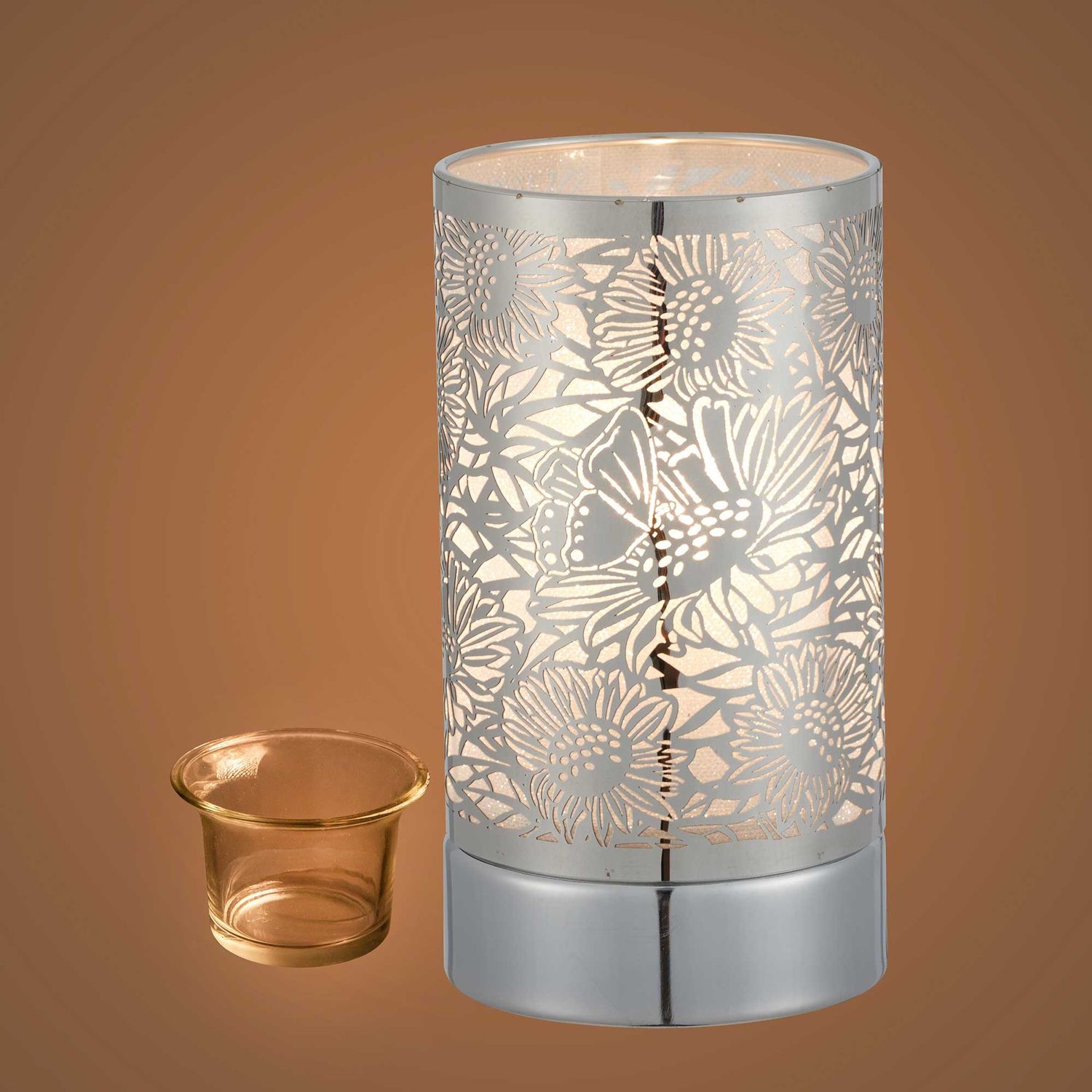 TP21813 - 7&quot; TOUCH LAMP / OIL + WAX WARMER - SILVER SUNFLOWER